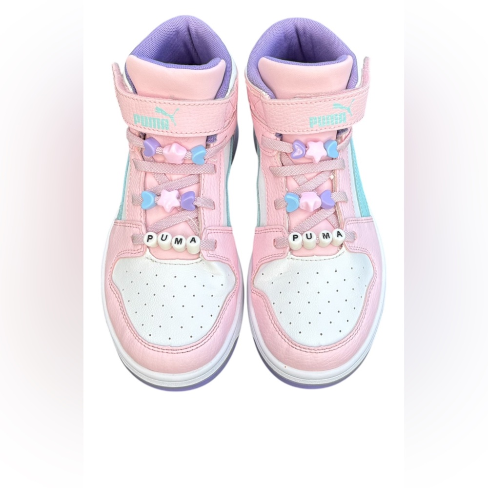 Puma Girls High-Top Sneakers Pink Purple Hearts Stars Size 2.5C